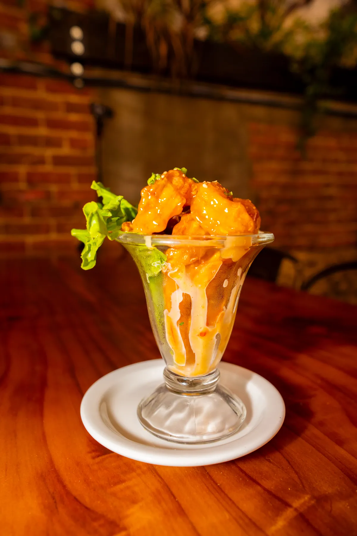 Firecracker shrimp served in a chilled glass at Pyrenees Cafe